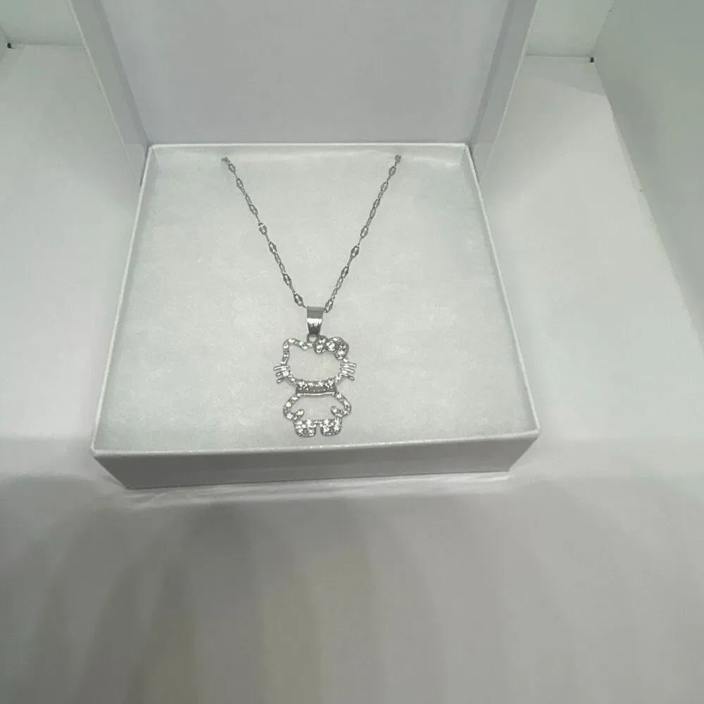 ✨ Hello Kitty Rhinestone Outline Necklace – Silver Tone – Gift Box Included